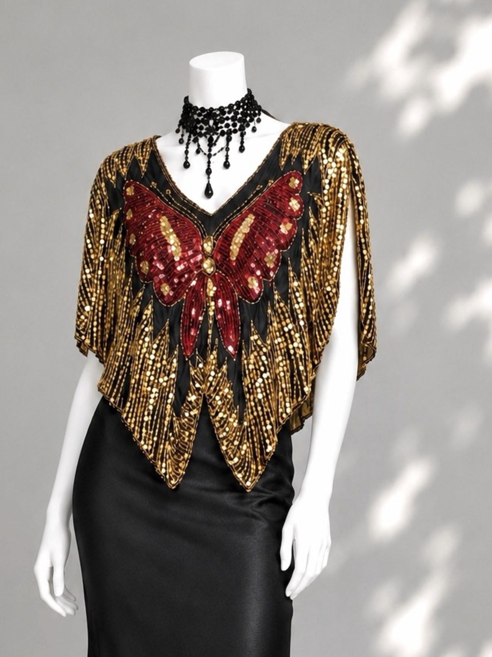 Silk Sequin Butterfly Poncho Top Gold Black S Whimsigoth Valachi Vintage